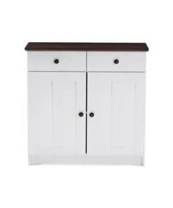 Baxton Studio Lauren White and Brown Kitchen Cabinet with Two Doors and Two Drawers