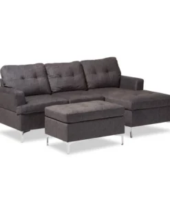 Baxton Studio Riley Grey Upholstered 3-Piece Sectional Sofa with Ottoman Set