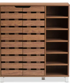Baxton Studio Shirley "Walnut" Medium Wood 2-Door Shoe Cabinet with Open Shelves