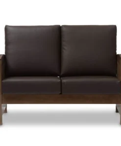 Baxton Studio Charlotte Walnut Wood and Dark Brown Faux Leather 2-Seater Loveseat