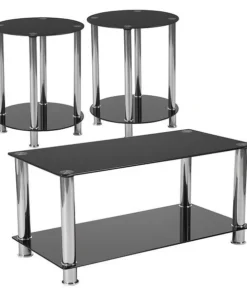 Flash Furniture Rectangle Riverside Glass Shelf Table Set, 3PCS, 35.25" W, 17.5" L, 19.5" H, Glass Top, Clear