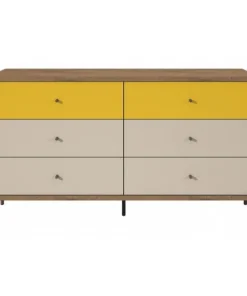 Manhattan Comfort Double Dresser, 6 Extn Drawers, Yellow, 59"