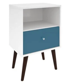 Manhattan Comfort Nightstand, Mid Century, White/Aqua