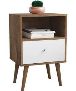 Manhattan Comfort Nightstand, Mid Century, Brown/White